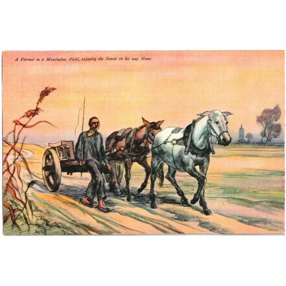 American Vintage Other - A Farmer in a Manchukuo Field, Enjoying the Sunset on His Way Home Postcard
